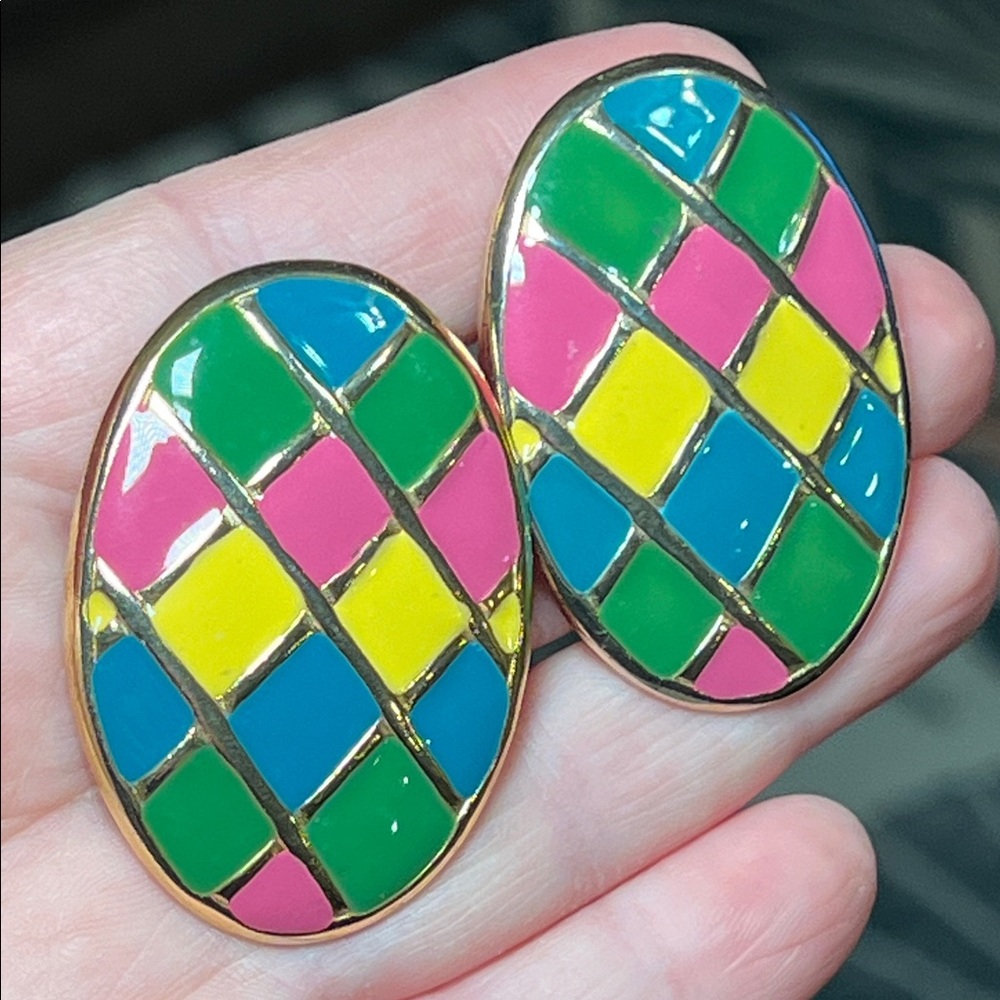 Vintage Oversized Colorful Enamel Easter Egg Shaped Gold Tone Earrings